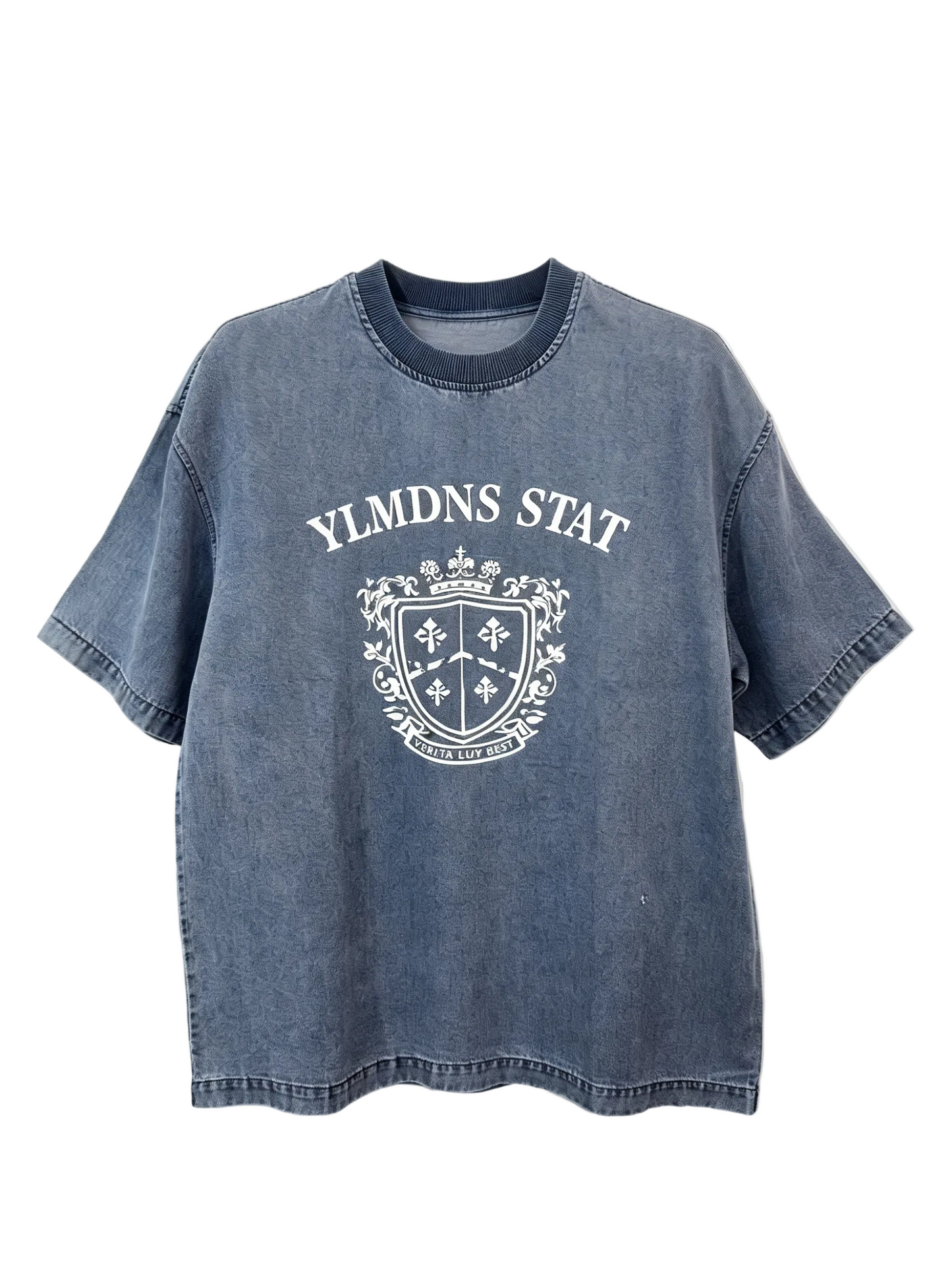 Men’s vintage washed blue crest graphic short sleeve T-shirt with relaxed fit