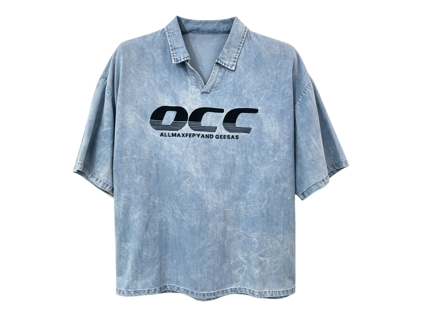 Men’s vintage washed light blue graphic polo T-shirt with short sleeves and relaxed fit