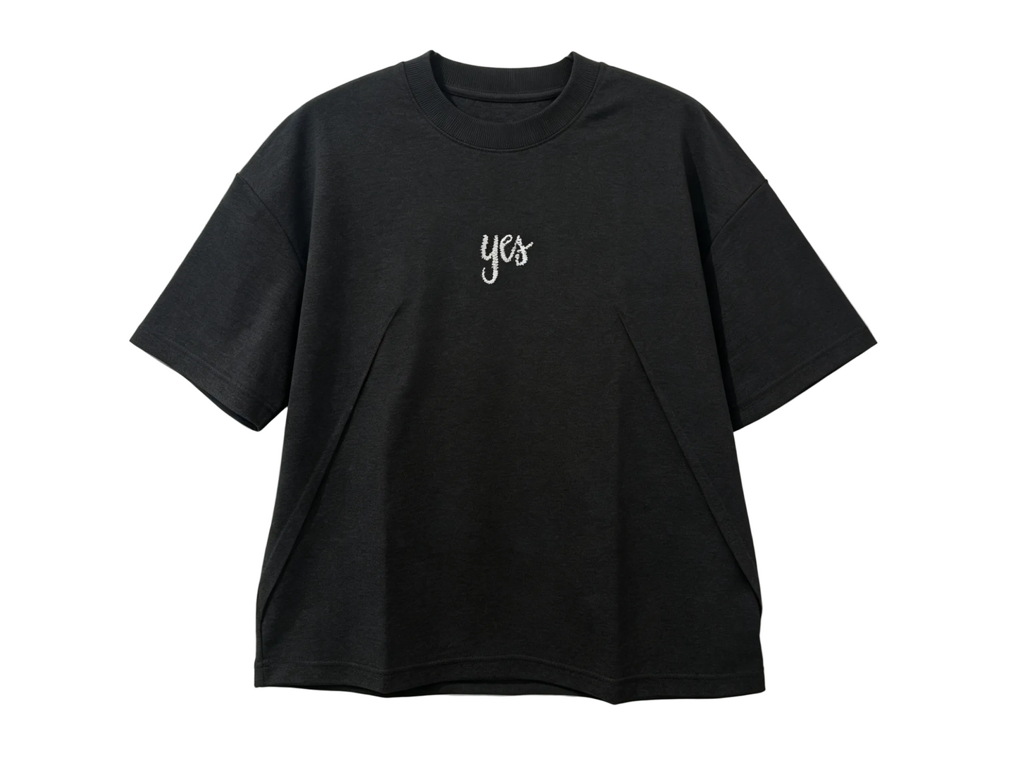 Black relaxed-fit T-shirt with white yes embroidery and angled front panel seams
