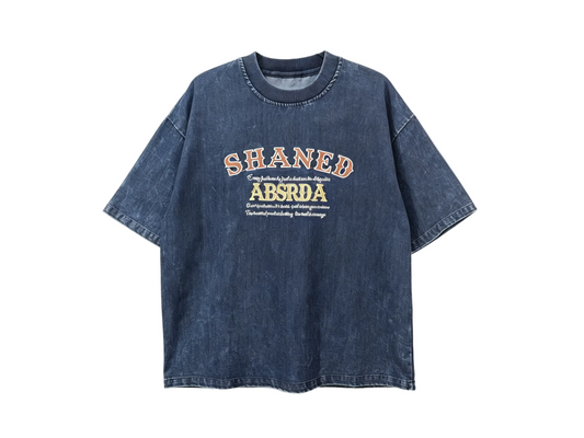 Men’s dark blue vintage washed letter print short sleeve T-shirt with relaxed fit