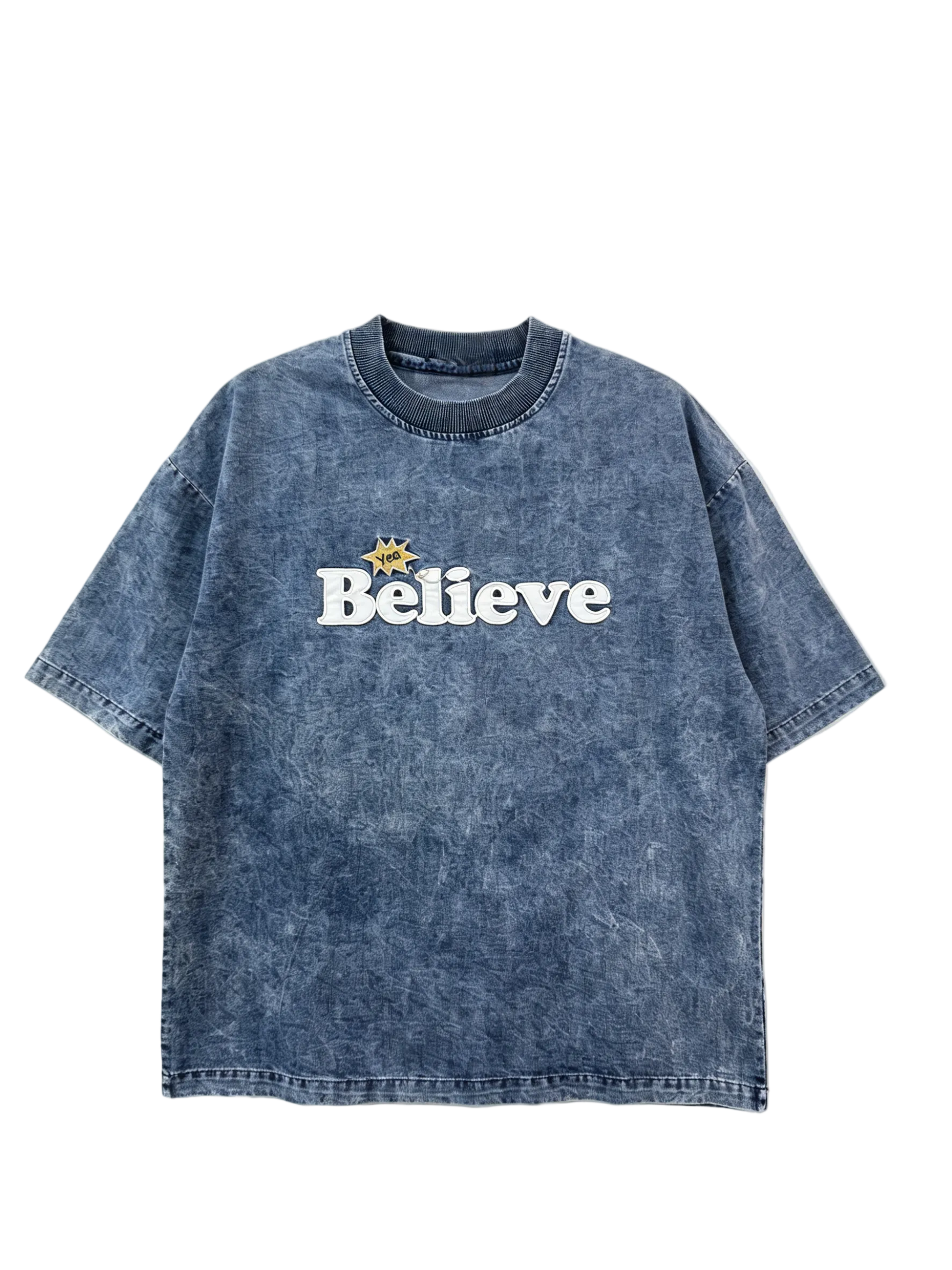 Men’s vintage washed blue graphic short sleeve T-shirt with Believe front print