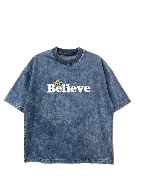 Men’s vintage washed blue graphic short sleeve T-shirt with Believe front print