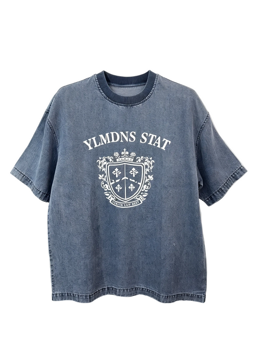 Men’s vintage washed blue crest graphic short sleeve T-shirt with relaxed fit