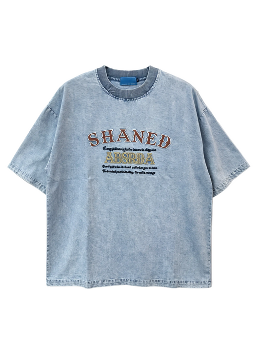 Men’s vintage washed light blue letter print short sleeve T-shirt with relaxed fit