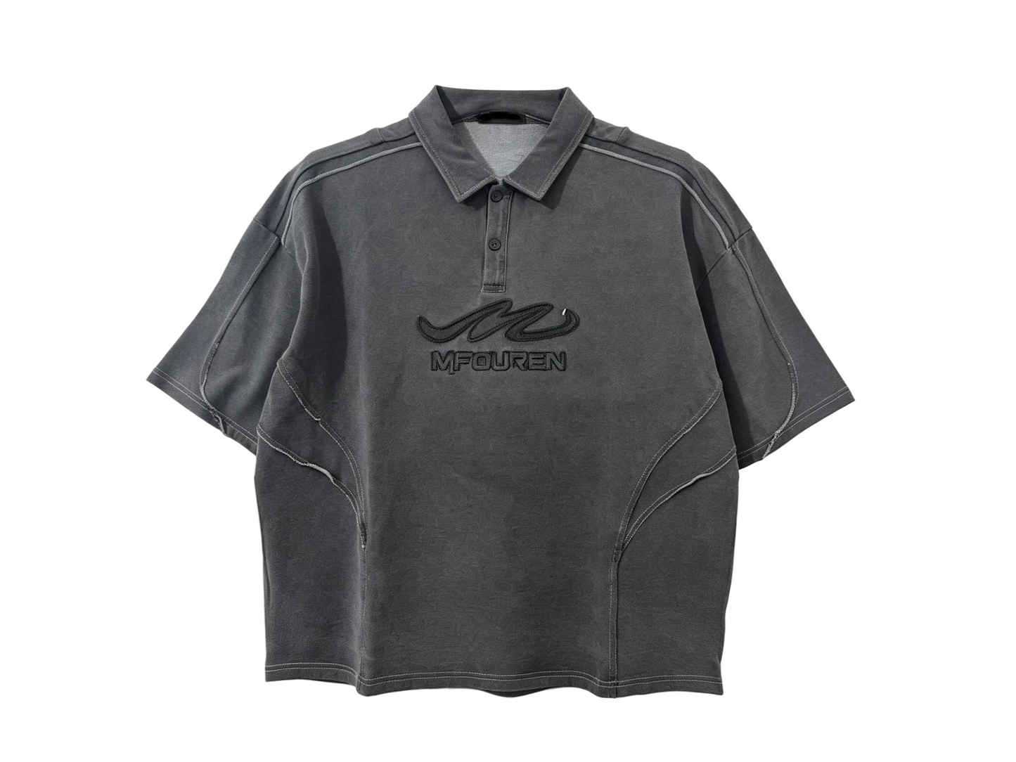 Men’s washed dark grey short sleeve polo shirt with contrast stitching and embroidered chest detail