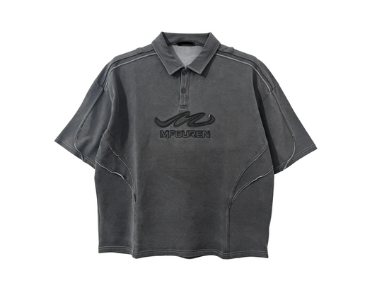 Men’s washed dark grey short sleeve polo shirt with contrast stitching and embroidered chest detail