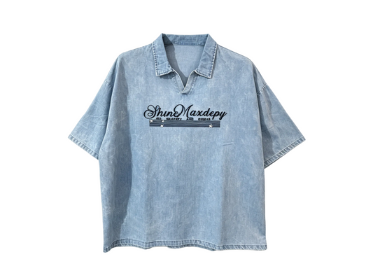 Men’s vintage washed denim short sleeve polo shirt with embroidered chest logo