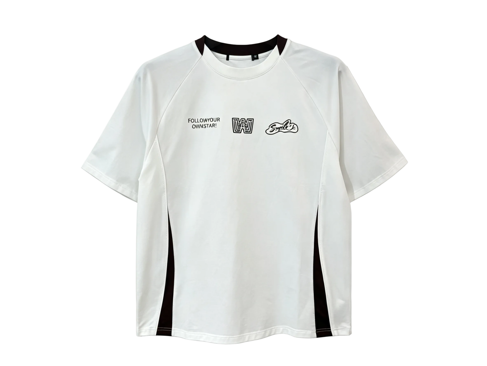 White relaxed-fit graphic T-shirt with black side panels and raglan seams