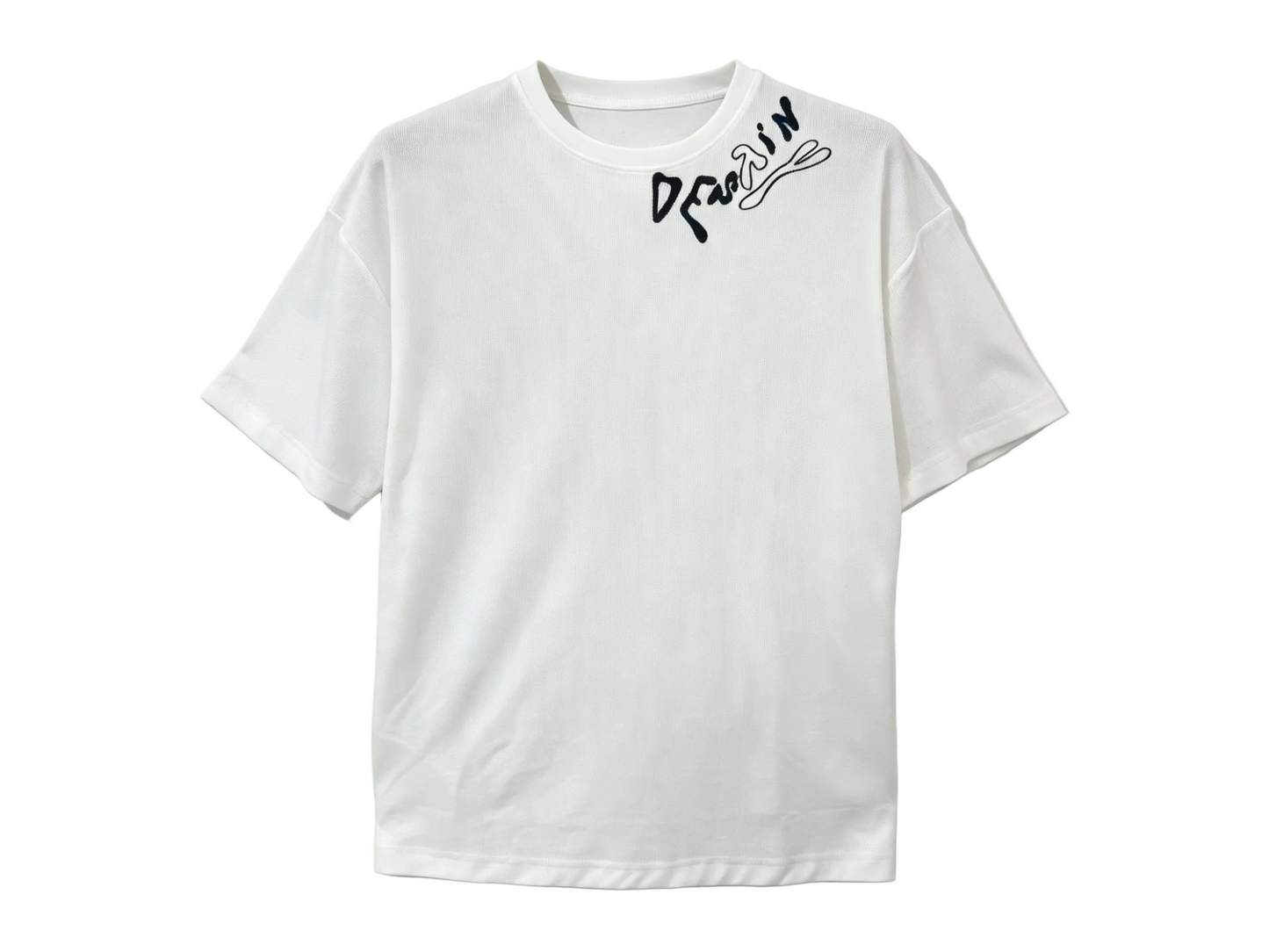 White relaxed-fit T-shirt with black script embroidery near the shoulder