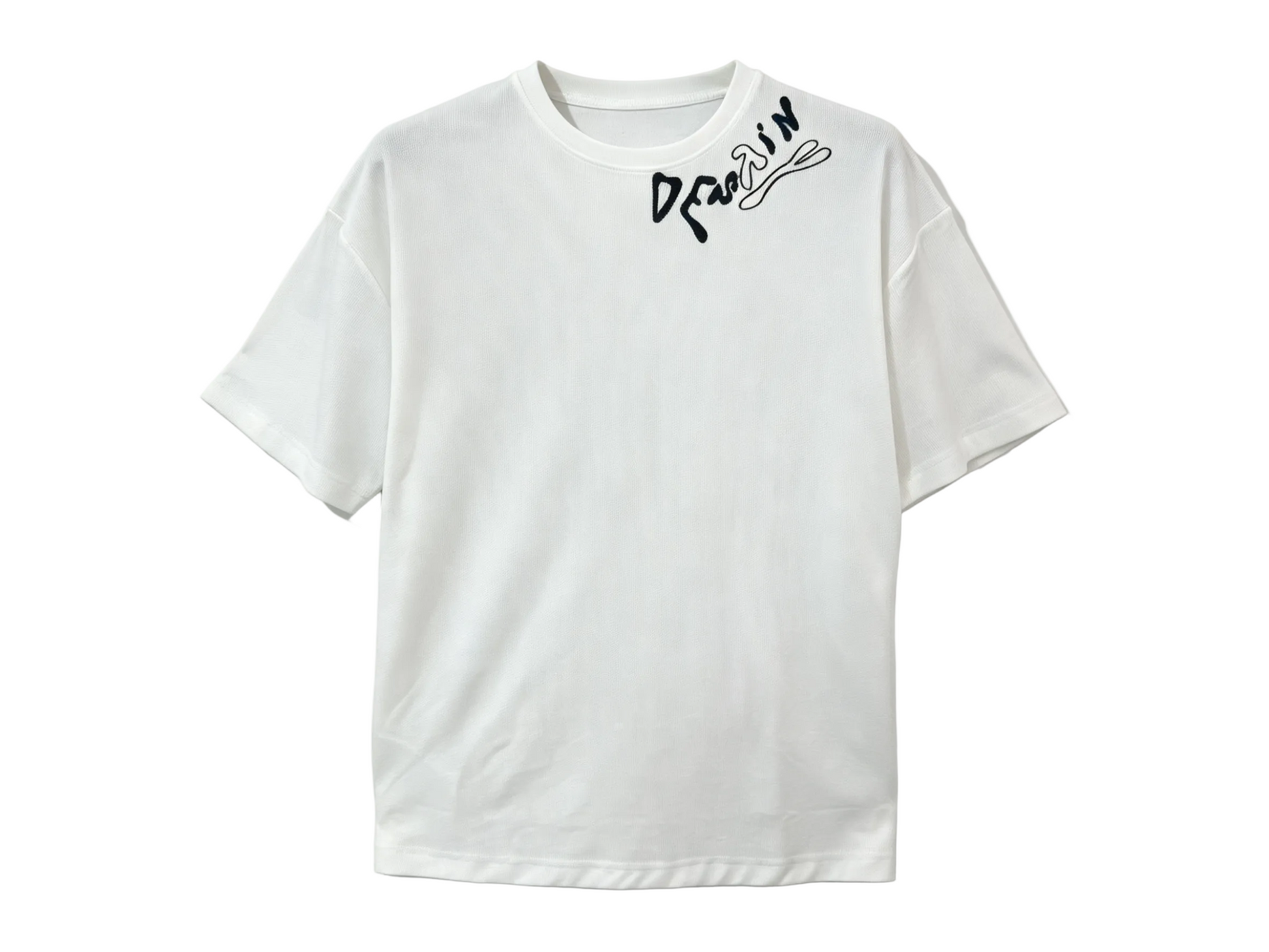 White relaxed-fit T-shirt with black script embroidery near the shoulder